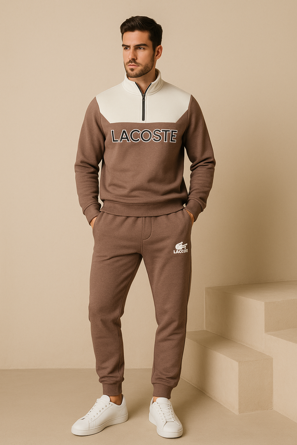 Lacoste Half Zip Cotton Fleece Tracksuit Taupe in brown and cream worn by model