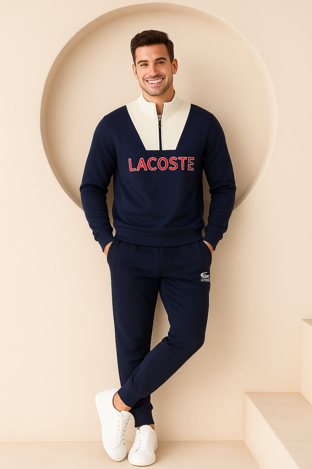 Lacoste Half Zip Cotton Fleece Tracksuit Navy in cream and navy worn by model