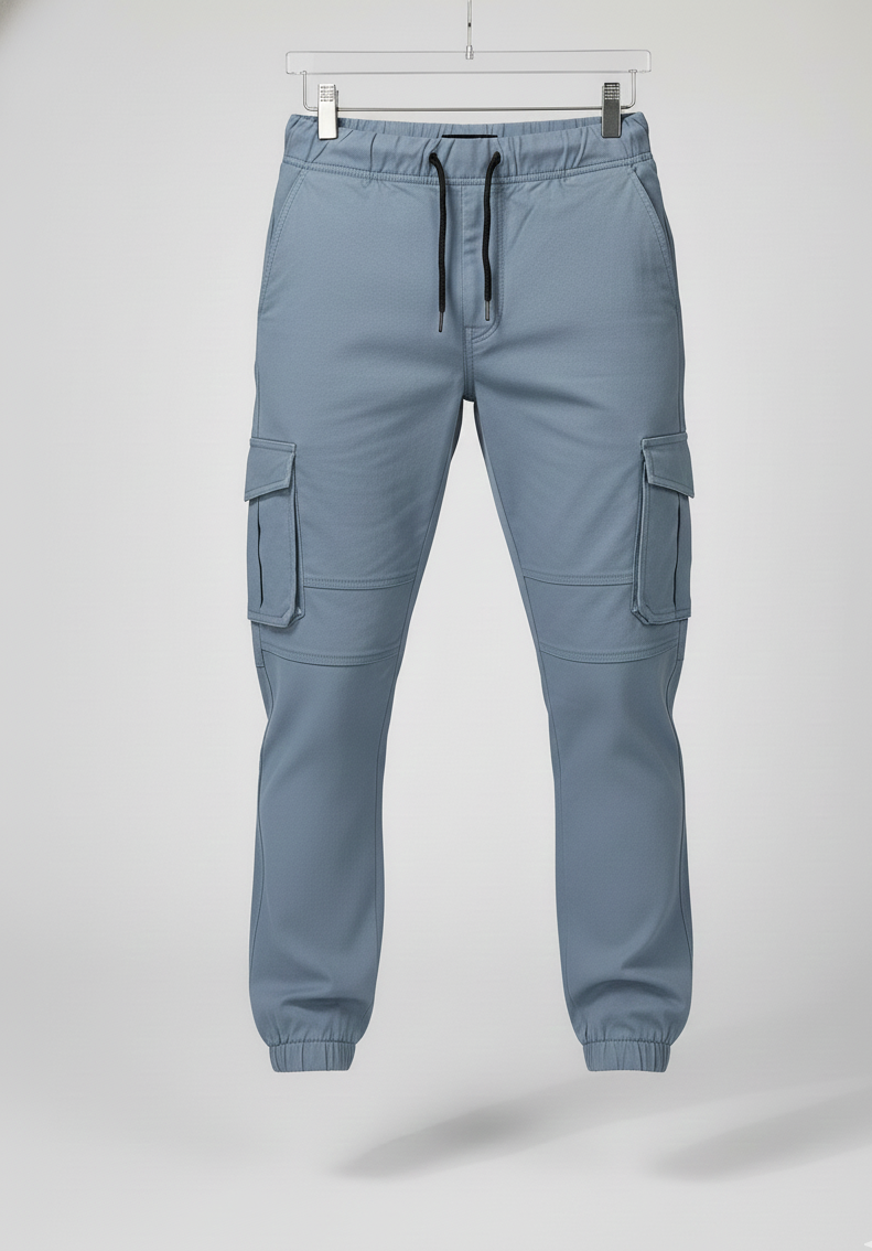6 Pocket Cotton Cargo Blue Grey jogger pants with dual cargo pockets