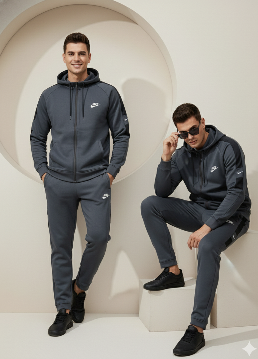 NIKE FULL ZIP INTERLOCK POLYESTER FLEECE TRACKSUIT | CHARCOAL GREY & BLACK - Image 2