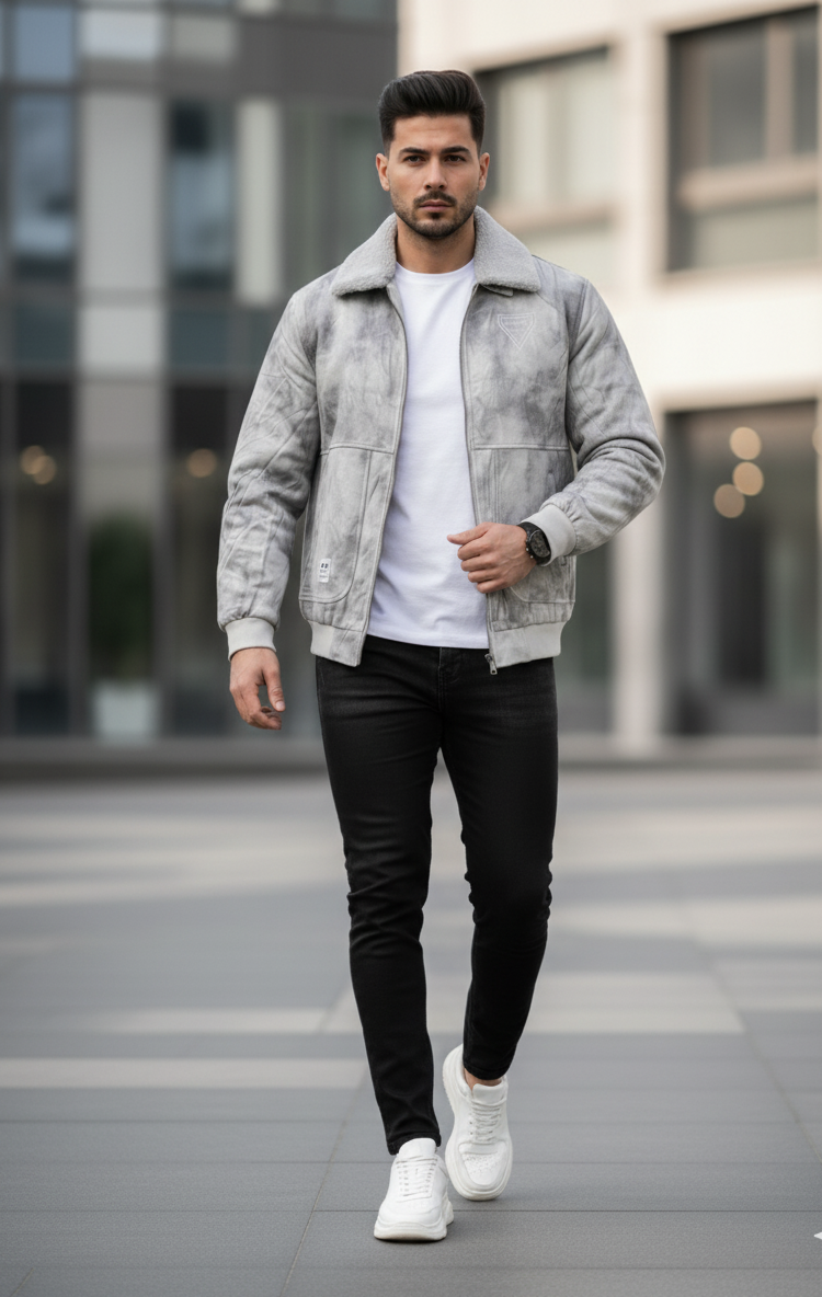 PSOUCBS User Die Colar Jacket in Gray with Sherpa Collar and Faux-Fur Lining