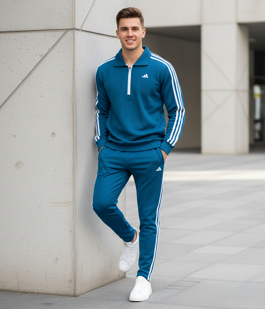 ADIDAS 3 STRAP COLLAR HALF ZIP CHECK TRACKSUIT | Teal Blue