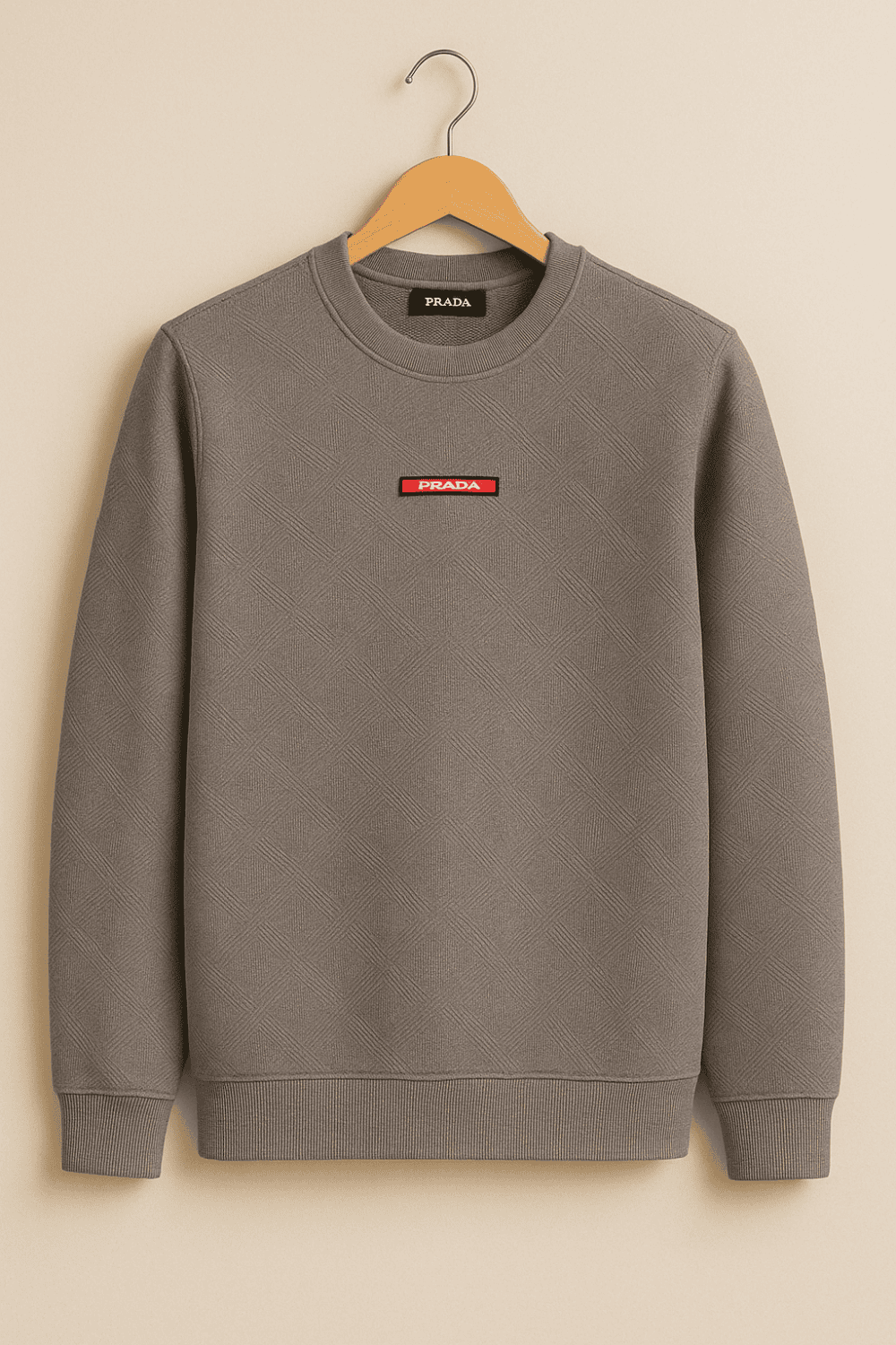 Prada Garsi Sweatshirt Grey with textured pattern and red designer chest logo