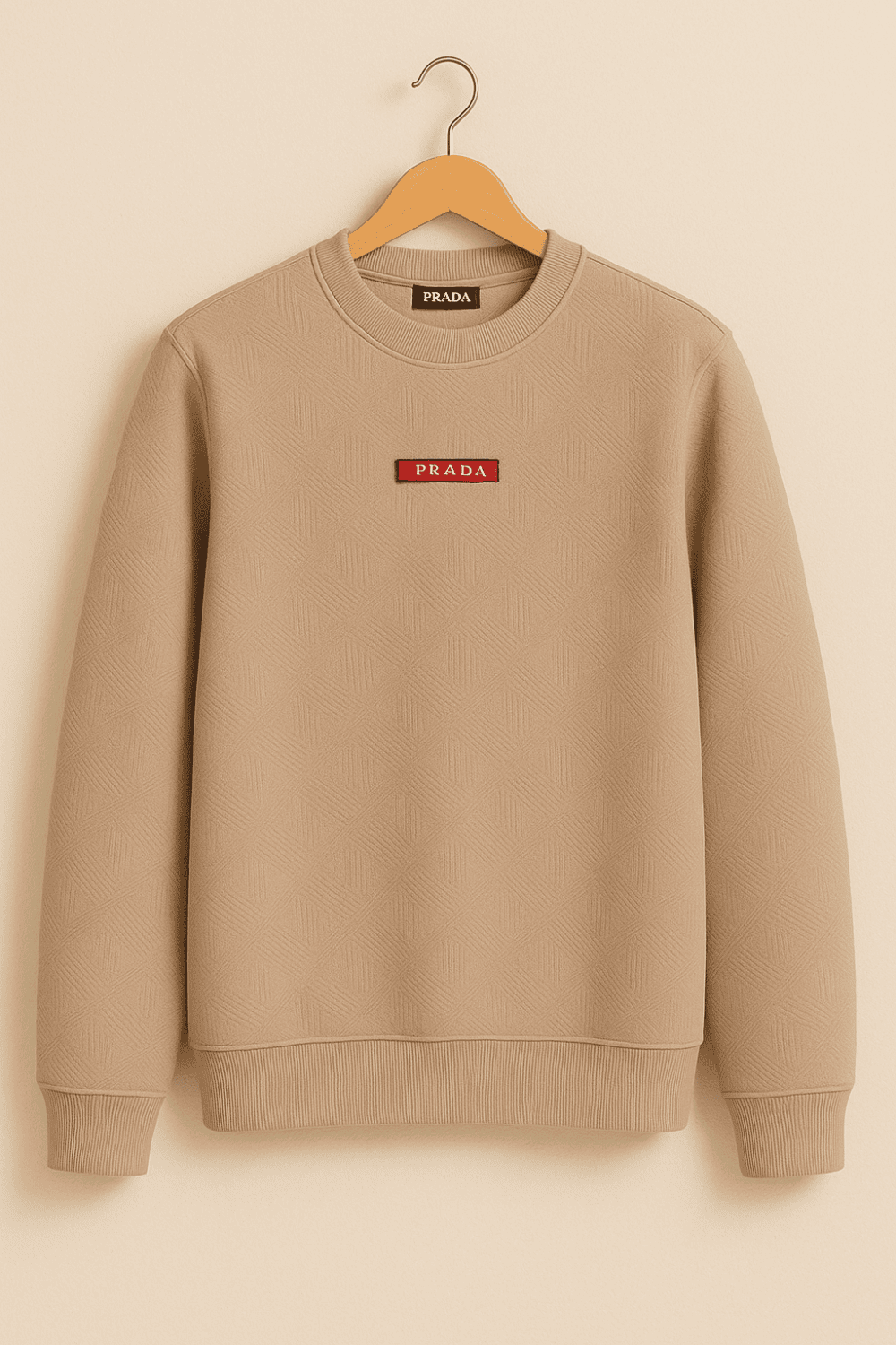 Prada Garsi Sweatshirt Beige with textured pattern and designer chest logo
