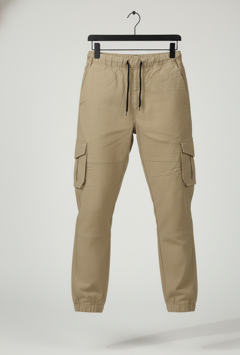6 Pocket Cotton Cargo Beige jogger pants with dual side cargo pockets