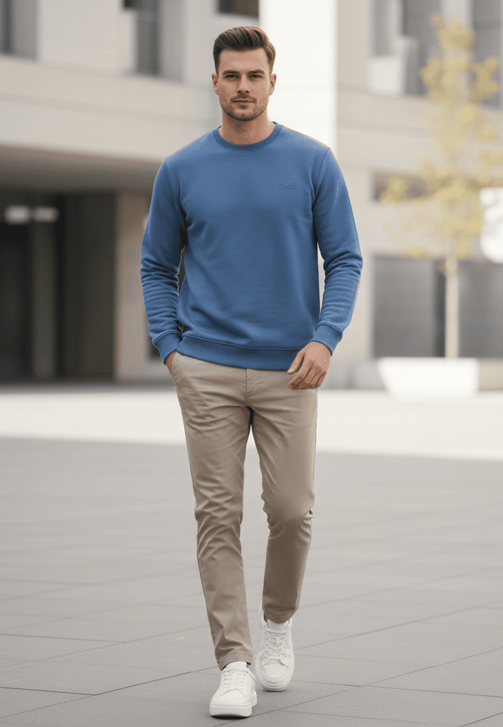 Blend Cotton Fleece Sweatshirt Sky Blue with embossed logo and worn by model outdoors