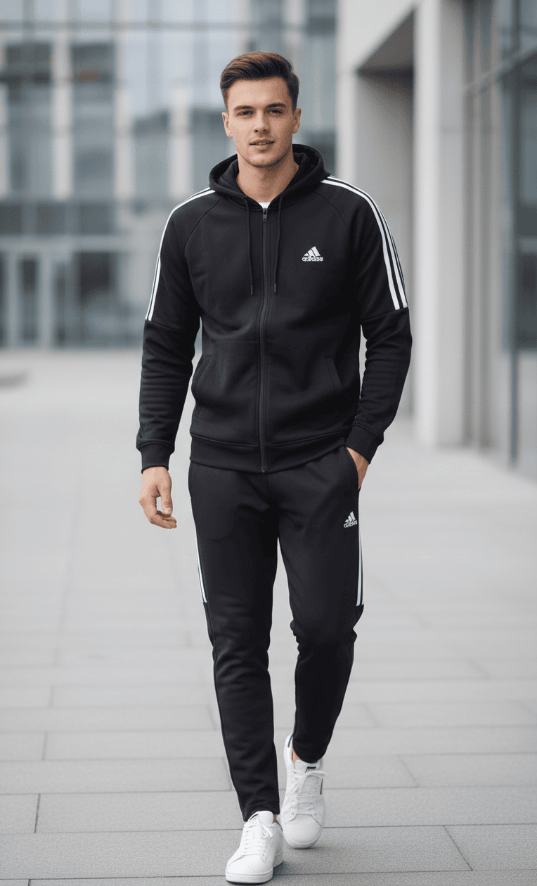 model wearing adidas interlock polyester fleece tracksuit black outdoors